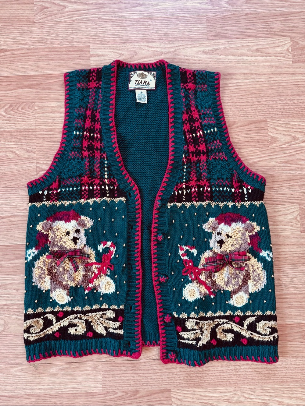 Tiara Women Vintage Christmas Sweater Vest Teddy Bears Plaid Cotton Ramie Sz M